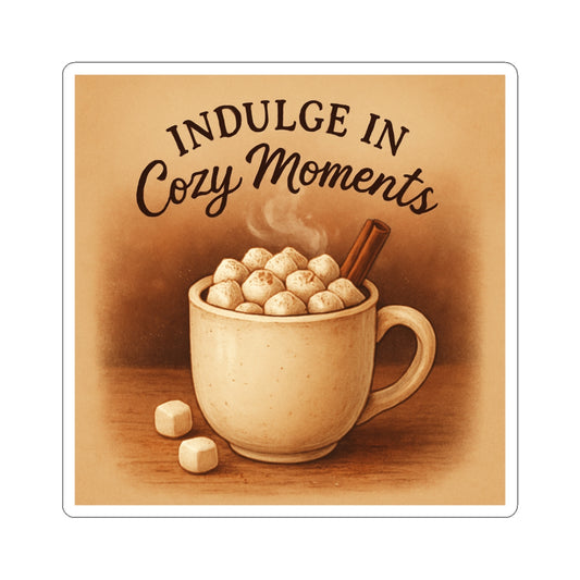 Cozy Moments Hot Cocoa Sticker — 'Indulge in Cozy Moments' Kiss-Cut Decal