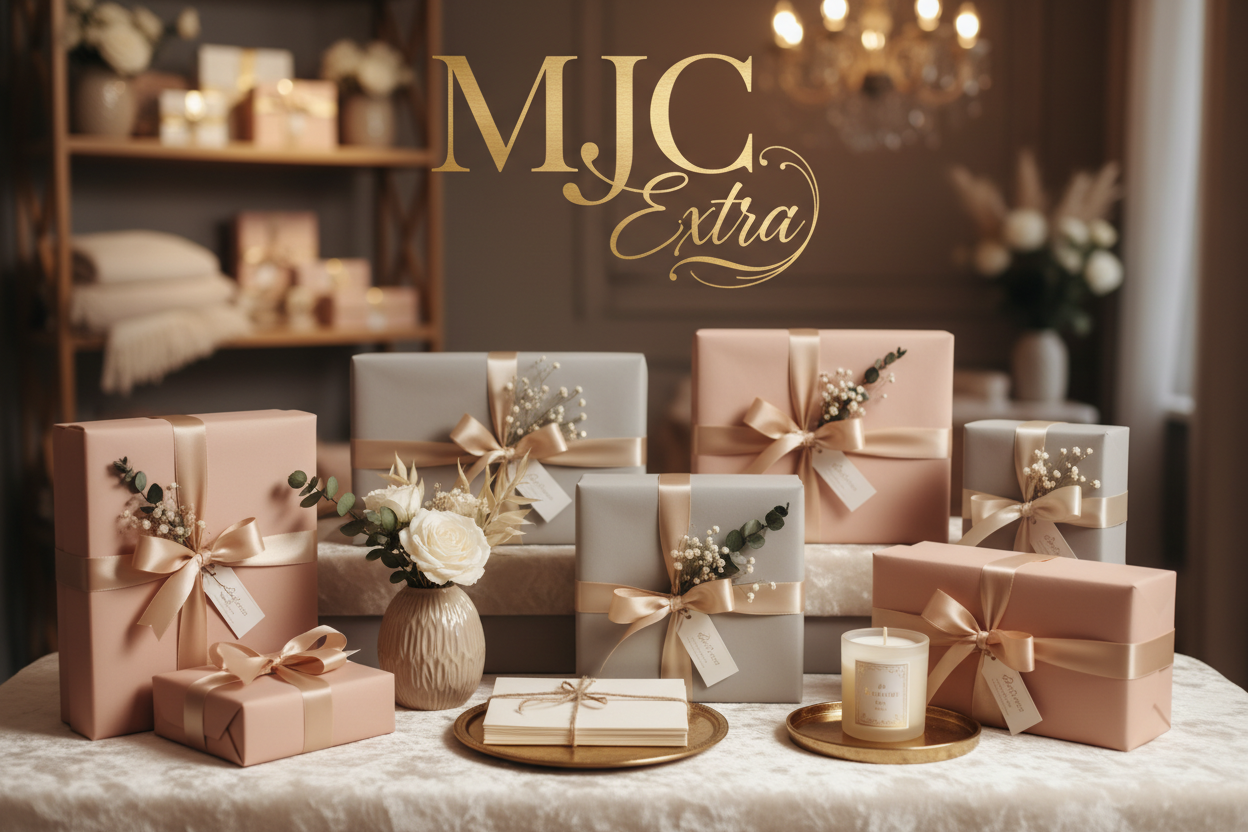 I want to combine the last two images to show Cozy, elegant, boutique — like gifting luxury without high prices with “MJC” in a modern serif (like Playfair Display), “Extra” in a flowing handwritten or script font. Example: MJC (Extra) on top